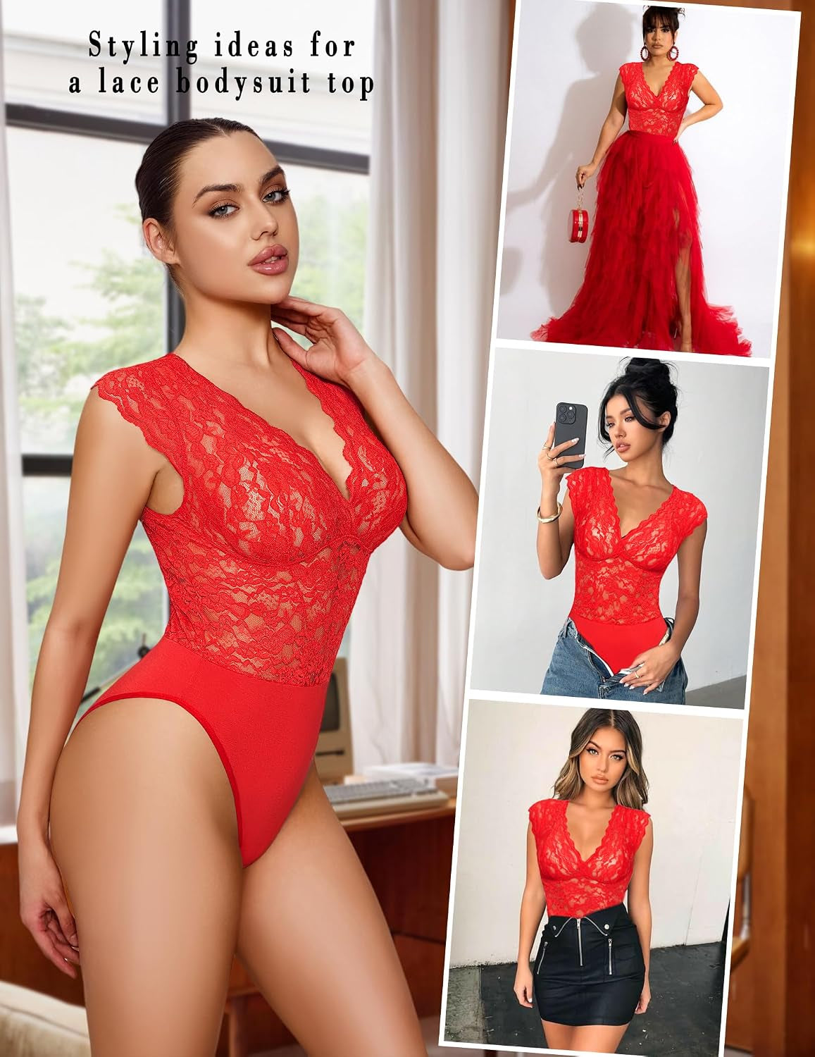 Lace Bodysuits for Women Sexy V Neck Sheer Bodysuit Tops Snap Crotch One Piece Teddy