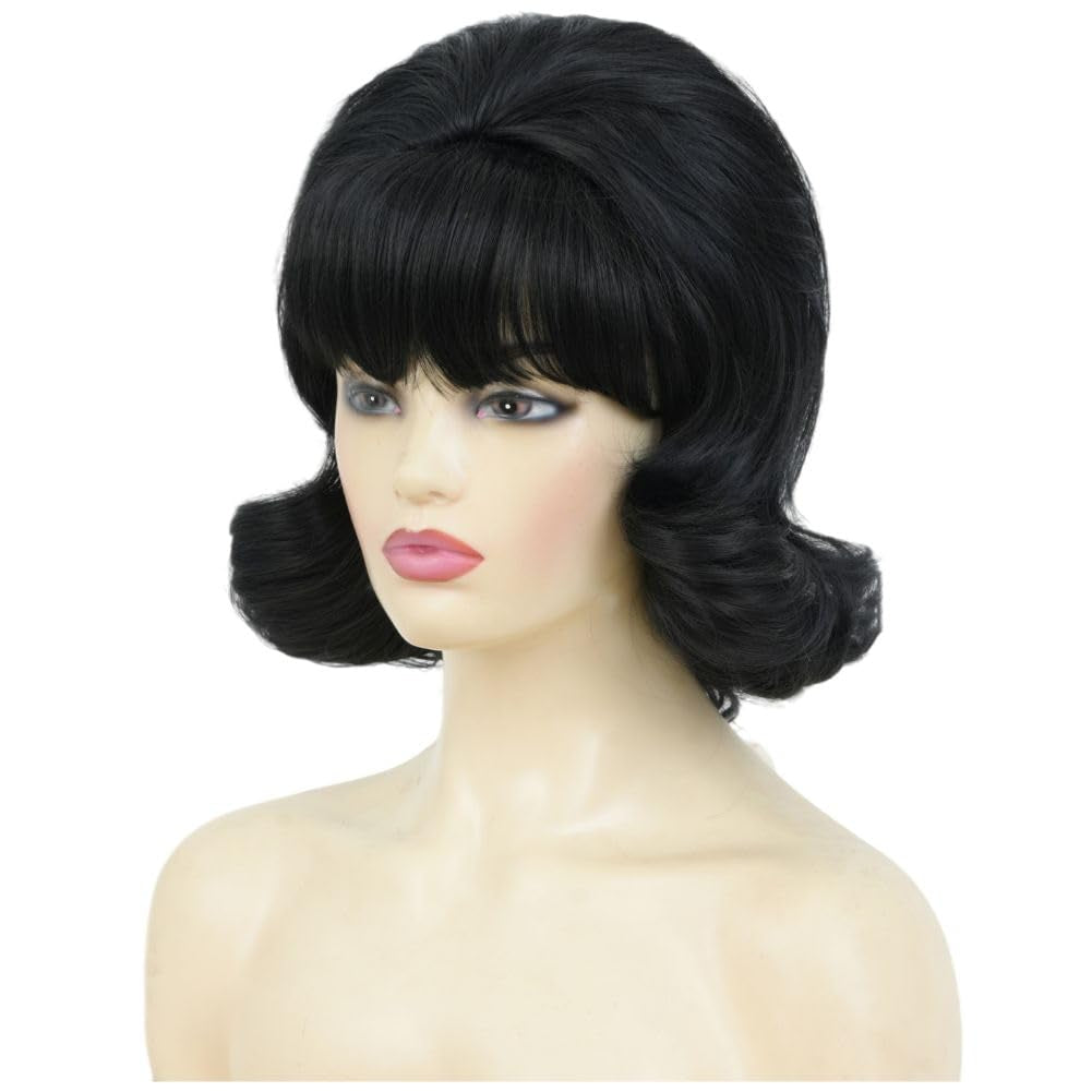 Black Vintage Curly Cosplay Wigs for Women Bouffant Beehive 50S 60S Retro Costume Hair Wig with Bangs for Halloween Party Use