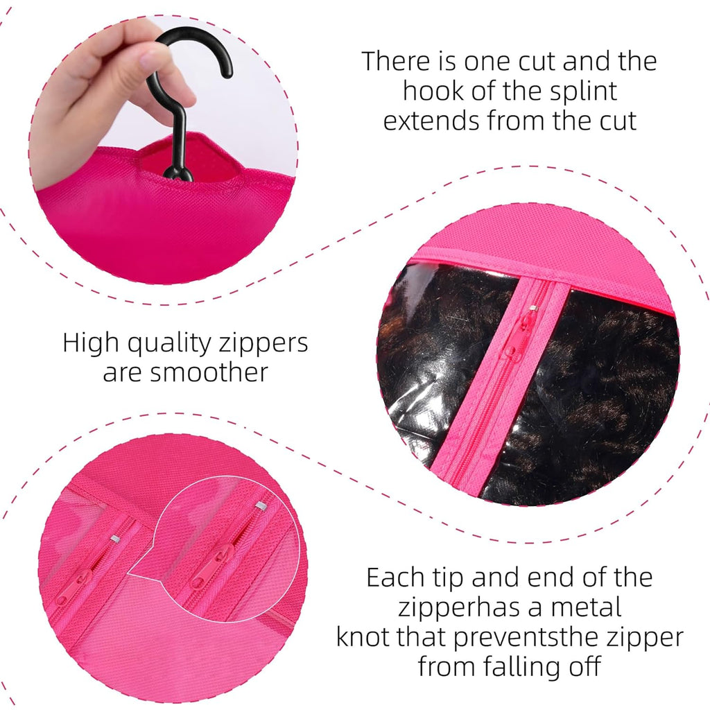 2PCS Wig Bag Wig Storage Hair Extension Holder Wig Holder for Multiple Wigs Hair Extension Storage Waterproof and Portable Wig Bags Storage with Hanger Hair Extensions, Wigs & Accessories (Hot Pink)
