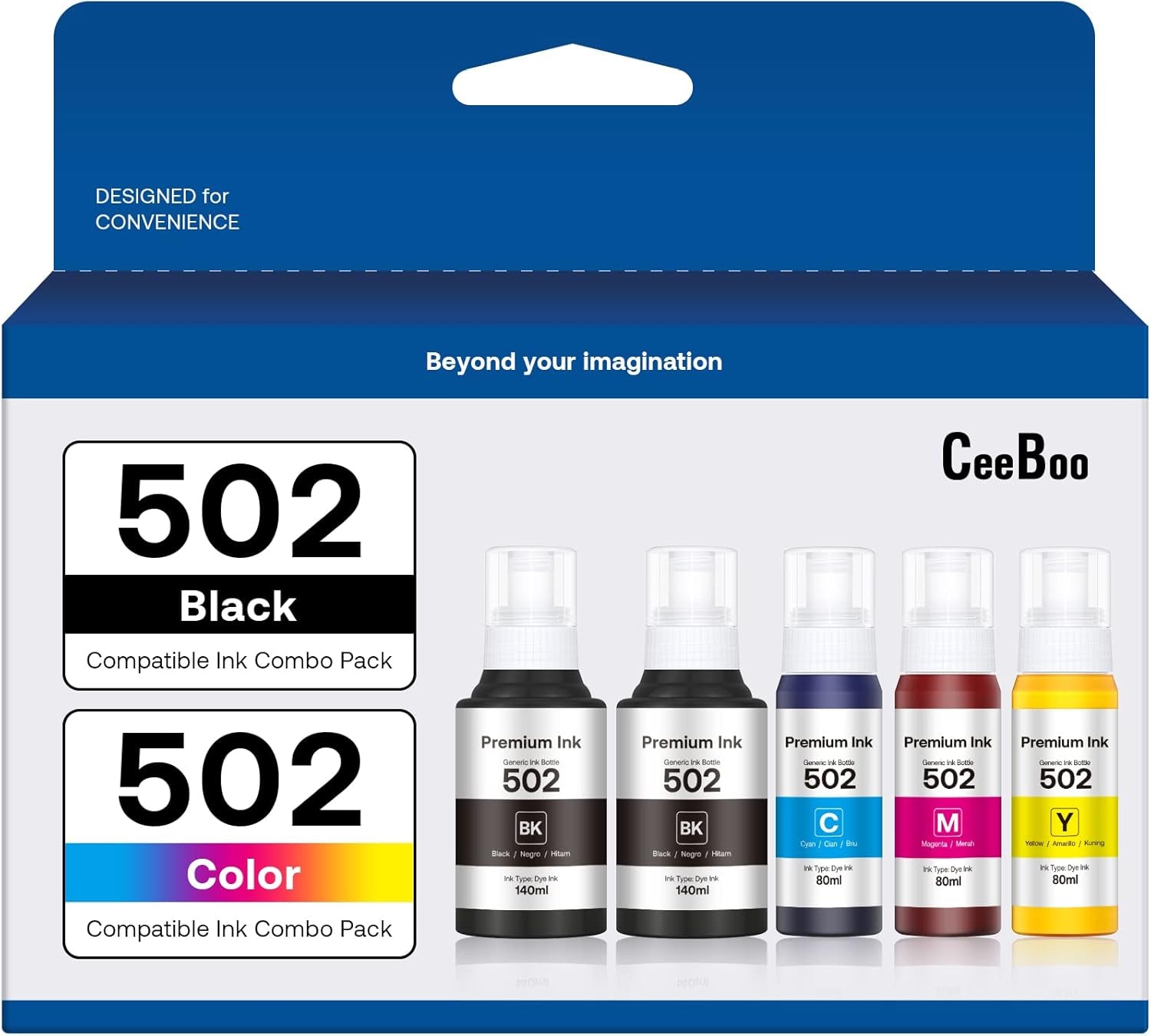 Refill Ink Bottle Replacement for Epson 502, 2 Black,Cyan,Magenta,Yellow, 5 Bottles