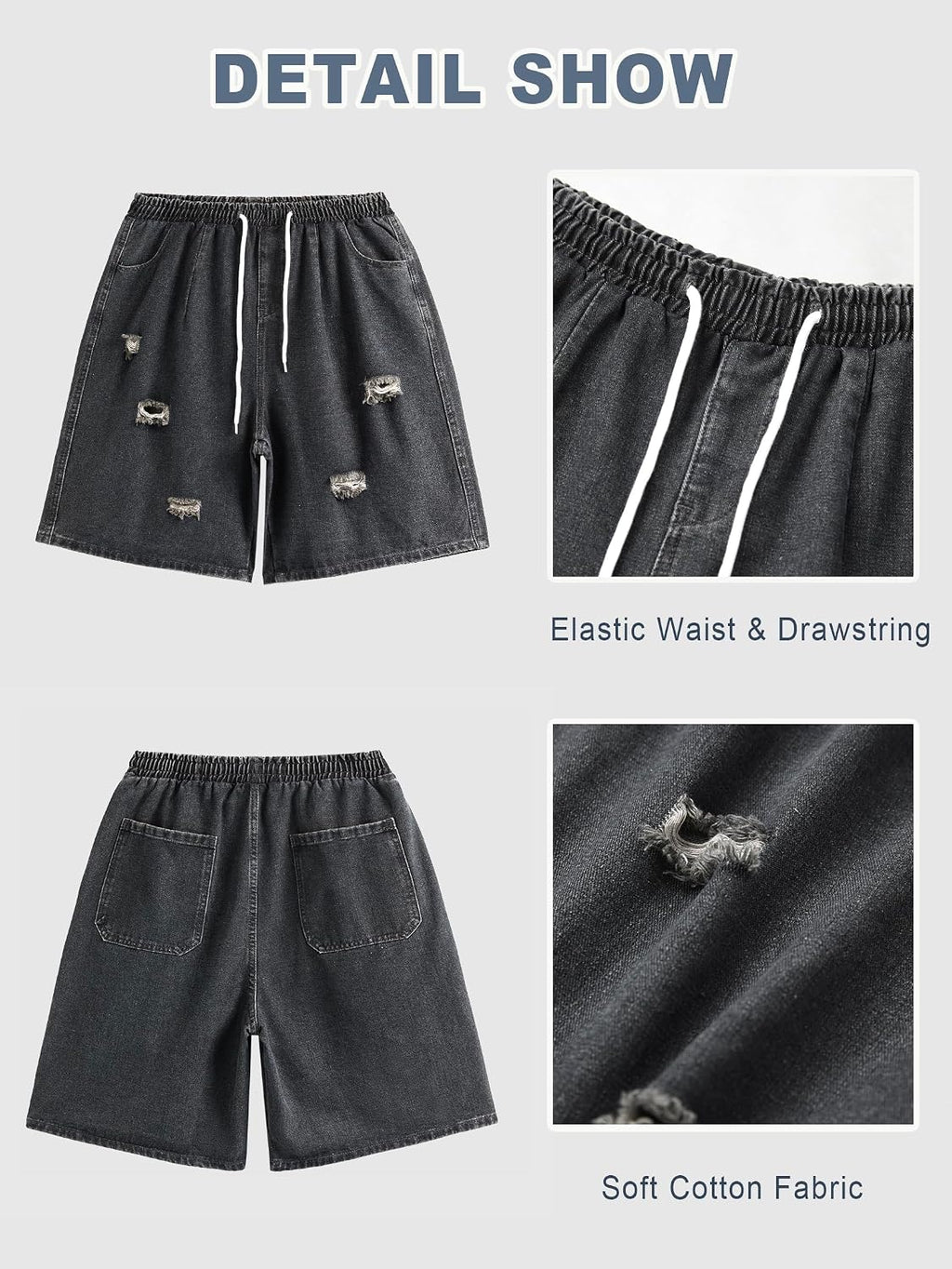 Baggy Jean Shorts Men, Y2K Jorts Cargo Ripped Elastic Waist, Mens Denim Shorts Comfy Casual Streetwear Summer
