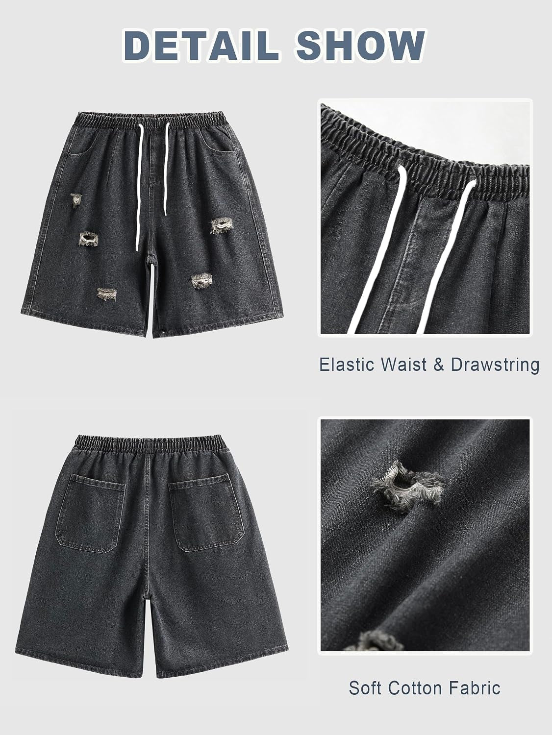 Baggy Jean Shorts Men, Y2K Jorts Cargo Ripped Elastic Waist, Mens Denim Shorts Comfy Casual Streetwear Summer