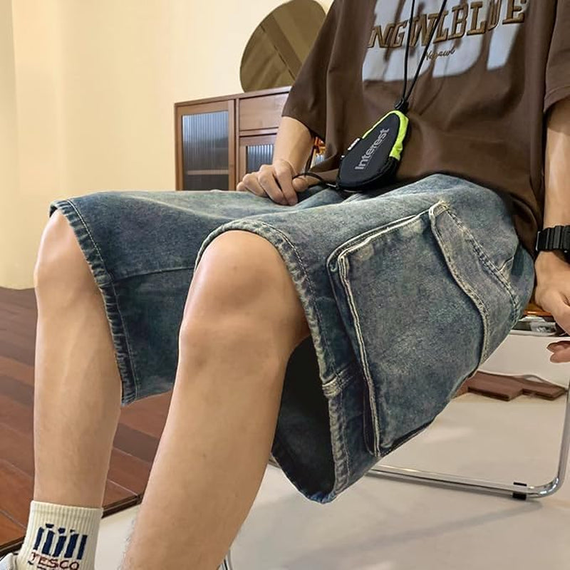 Baggy Jean Shorts Men, Y2K Jorts Cargo Ripped Elastic Waist, Mens Denim Shorts Comfy Casual Streetwear Summer