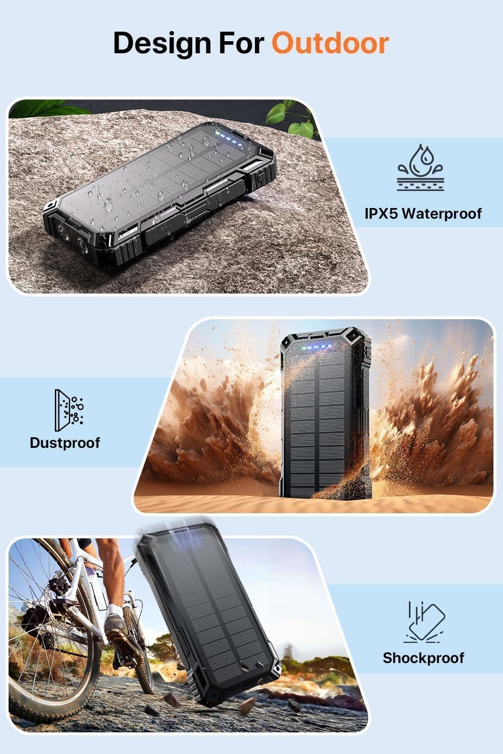 Solar Power Bank,49800Mah Portable Charger Wireless Charging USB-C 15W Fast Charging with 4 Built-In Cables LED Flashlight Battery Pack Compatible with Iphone, Ipad, Galaxy, Perfect for Camping/Hiking
