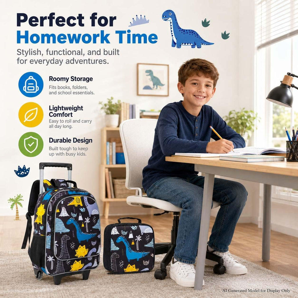 3PCS Rolling Backpack for Girls Boys, Kids Roller Wheels Bookbag, Wheeled School Bag with Lunch Bag