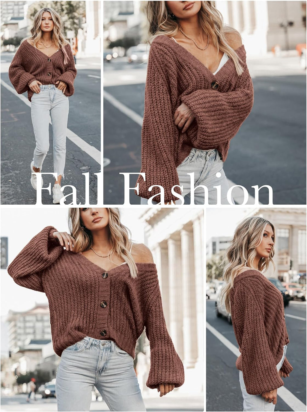 Women'S Chunky Knit Open Front Cardigan Sweaters Fall Outfits | V Neck Button Loose Short Cardigan Outerwear Coats, Slouchy Drop Shoulder Loose Cute Sweaters, Fall Clothes for Work & Office