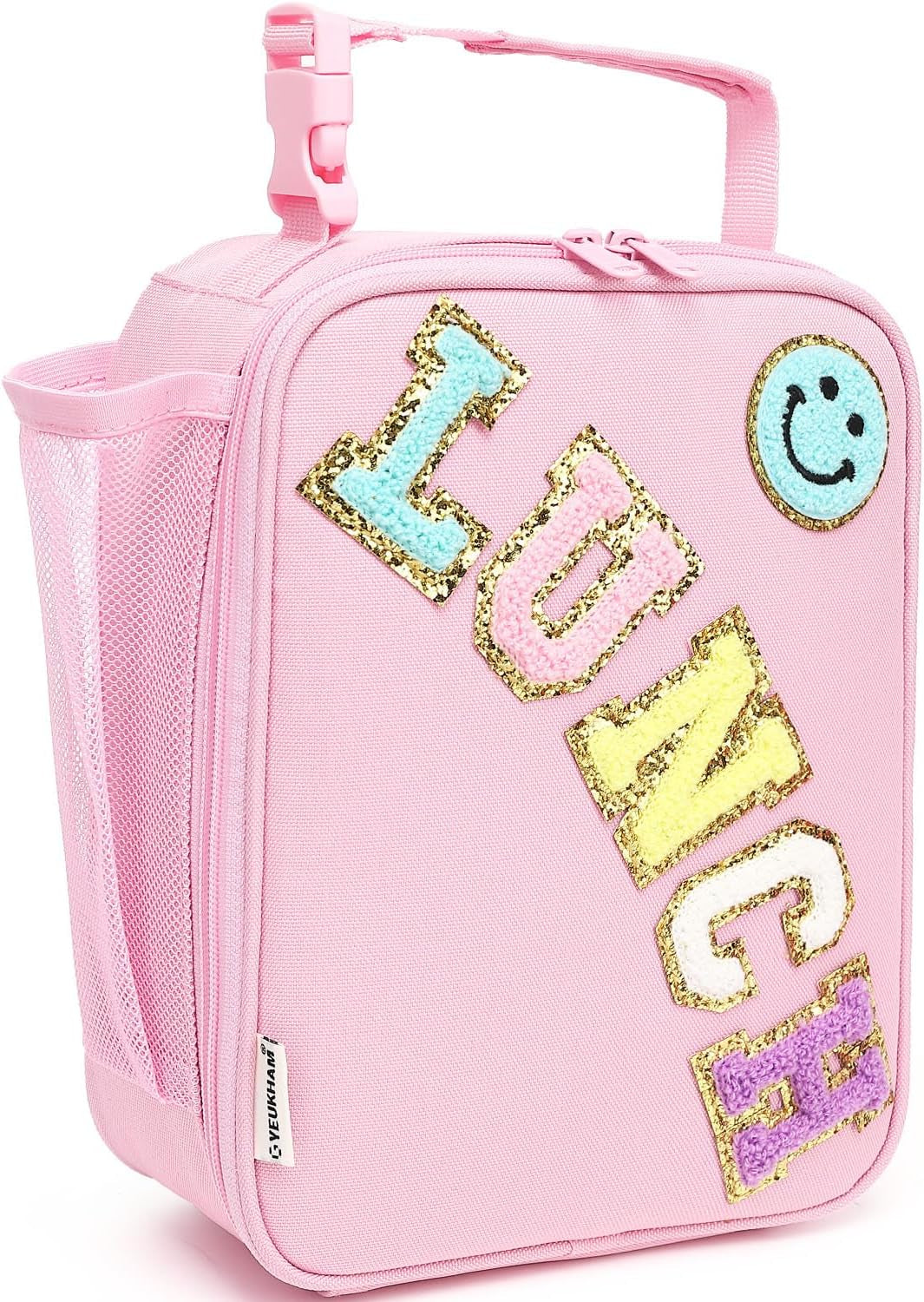 Lunch Box Insulated Soft Bag Mini Cooler Back to School Thermal Meal Tote Kit with Buckle and Mesh Side Pocket for Girls, Boys, Pinkwithletter