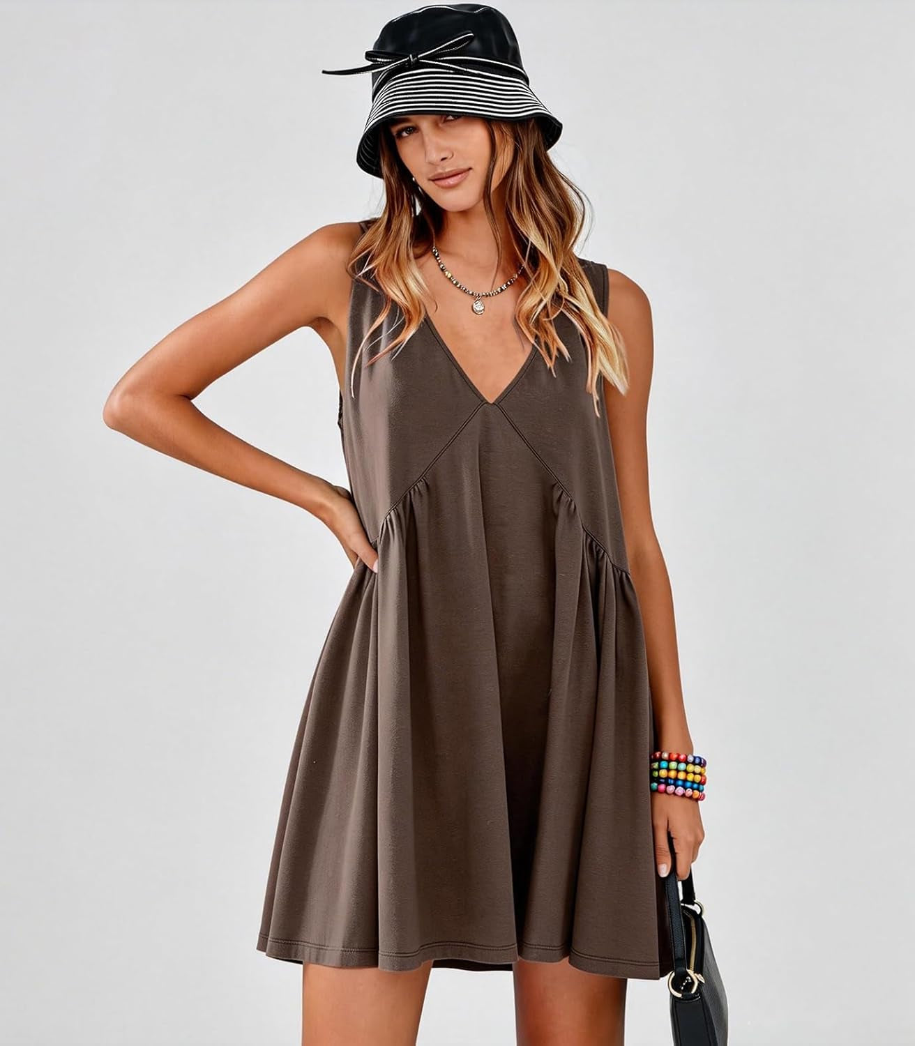 Womens Summer Babydoll Mini Dress Casual Swing Flowy Beach Sundress | V Neck Sleeveless Country Dress,Plus Size Loose Shift Western Dress,2 Deep Pockets, a Line Short Tank Dress
