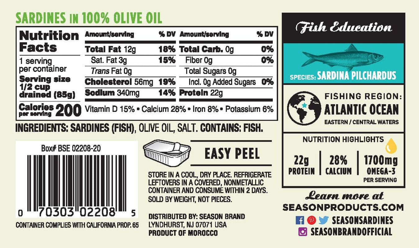 Sardines in Olive Oil - Wild Caught, 22G of Protein, Keto Snacks, More Omega 3'S than Tuna, Kosher, High in Calcium, Canned Sardines - 4.37 Oz Tins, 12-Pack