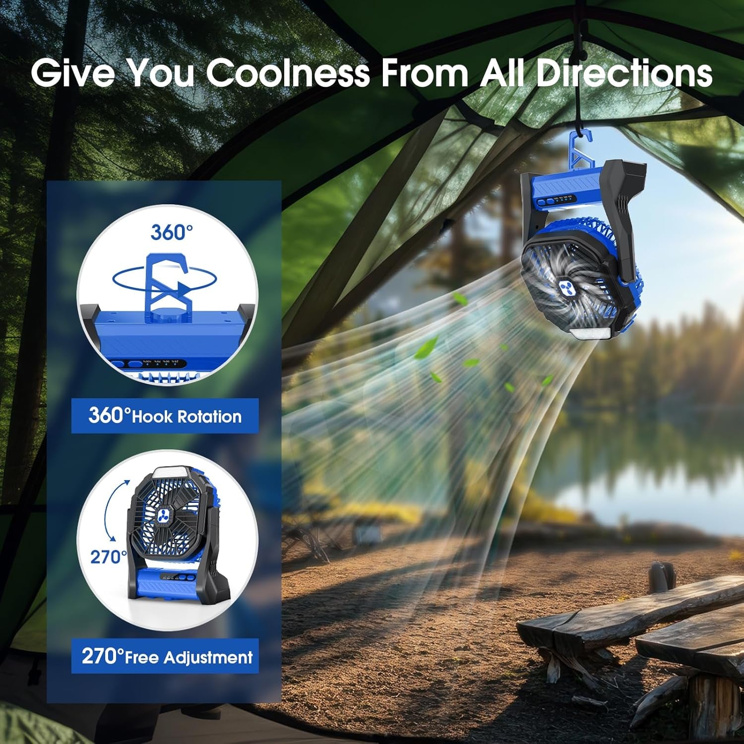 Portable Rechargeable Fan, 20000Mah Cordless Battery Powered Camping Fans | with LED Lantern Operated Outdoor Ventiladores for Travel Tent Camp Fishing Office Home Essentials Blue