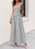 Women'S Maxi Dress Summer Striped Sundress | Sleeveless Square Neck, Long Flowy a Line, Smocked Back, Pockets, Casual Spring Outfits for Beach Vacation, Resort, Party