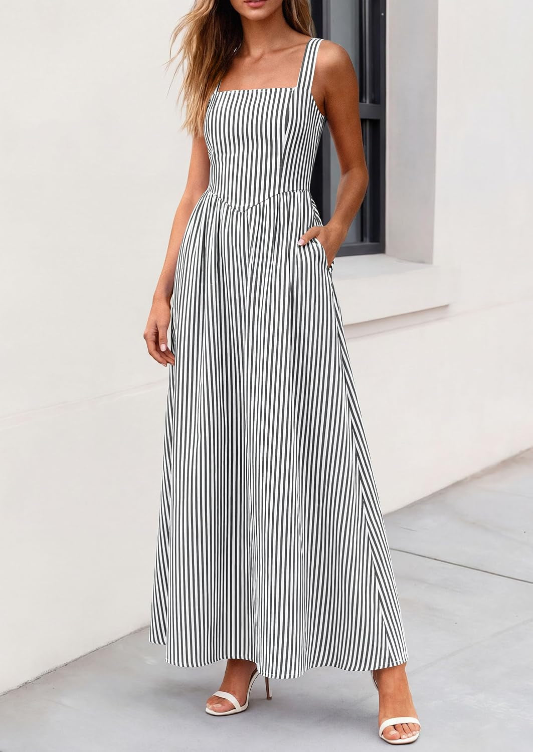 Women'S Maxi Dress Summer Striped Sundress | Sleeveless Square Neck, Long Flowy a Line, Smocked Back, Pockets, Casual Spring Outfits for Beach Vacation, Resort, Party