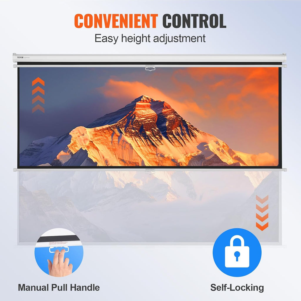 Projector Screen, 100 Inch Manual Pull down Projector Screen, 16:9 4K 1080 HD Projector Screen, Auto-Locking Portable Projection Screen, Projector Screen for Family Home Office Theater