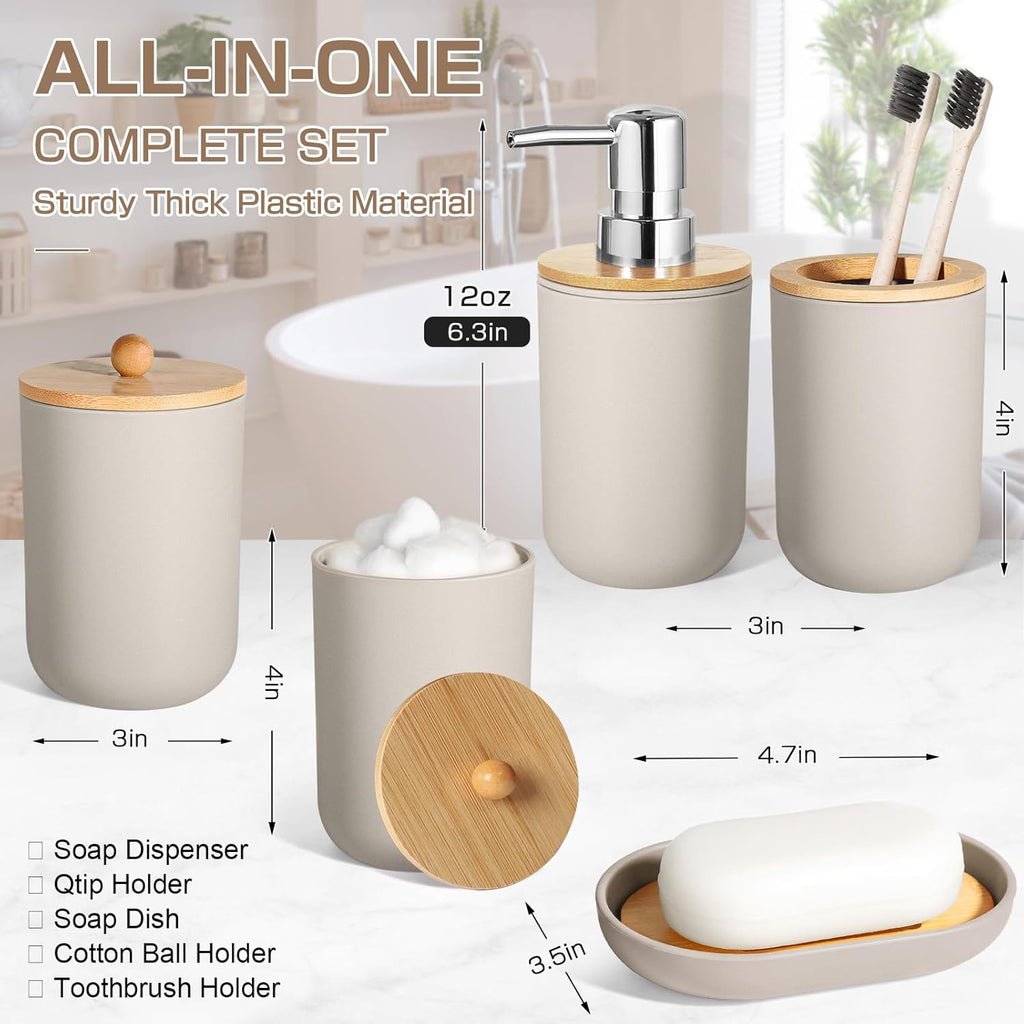 Bathroom Accessories Set 5 Pcs, Plastic Beige Bathroom Decor, Soap Dispenser and Toothbrush Holder Set, Soap Dish, Cotton Swab Jar, Bathroom Set, Boho Bathroom Organizer Accessory