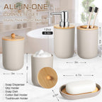 Bathroom Accessories Set 5 Pcs, Plastic Beige Bathroom Decor, Soap Dispenser and Toothbrush Holder Set, Soap Dish, Cotton Swab Jar, Bathroom Set, Boho Bathroom Organizer Accessory