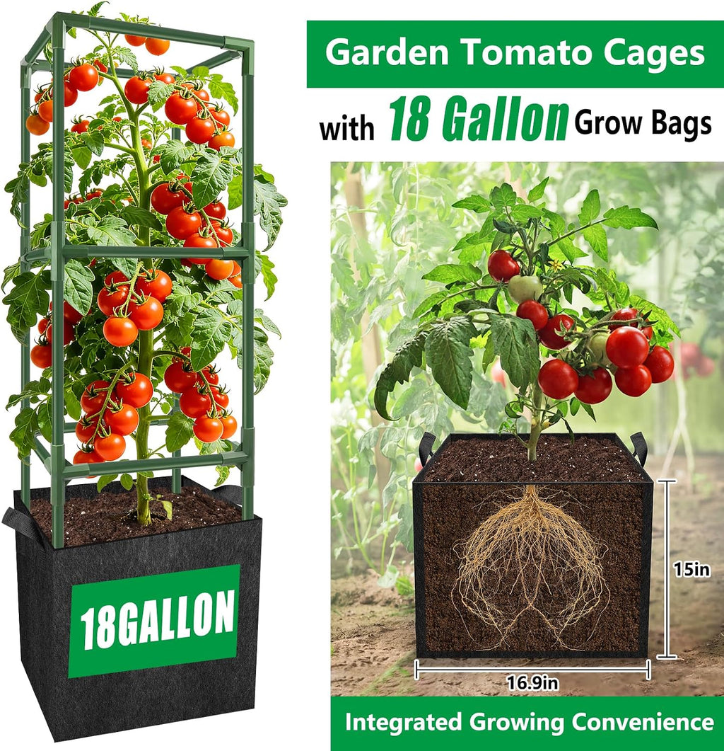 3 Sets 49'' Square Tomato Cages with 18-Gallon Grow Bags for Garden | Heavy-Duty Steel Trellis Kit, Support Towers with Stakes, for Tomatoes, Cucumbers, Peppers, Climbing Vegetables & Flowers