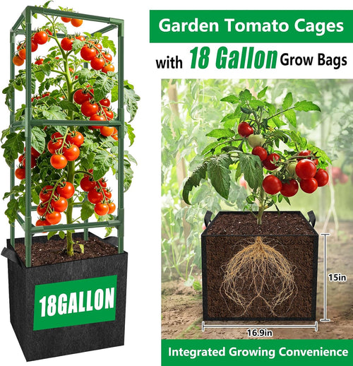 3 Sets 49'' Square Tomato Cages with 18-Gallon Grow Bags for Garden | Heavy-Duty Steel Trellis Kit, Support Towers with Stakes, for Tomatoes, Cucumbers, Peppers, Climbing Vegetables & Flowers