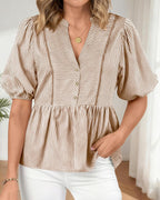 Women Lantern Sleeve Button up Stripes Babydoll Tops | Summer V Neck Lace Trim Peplum Shirts,Fall Fashion Striped Loose Tunic Top,Spring Business Casual Beach Vacation Clothes