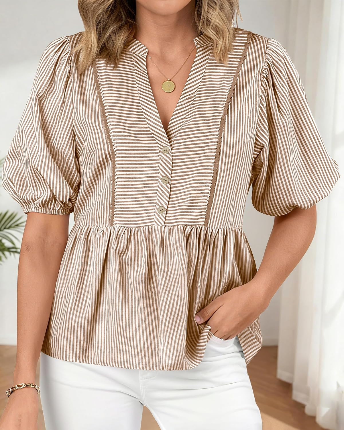 Women Lantern Sleeve Button up Stripes Babydoll Tops | Summer V Neck Lace Trim Peplum Shirts,Fall Fashion Striped Loose Tunic Top,Spring Business Casual Beach Vacation Clothes