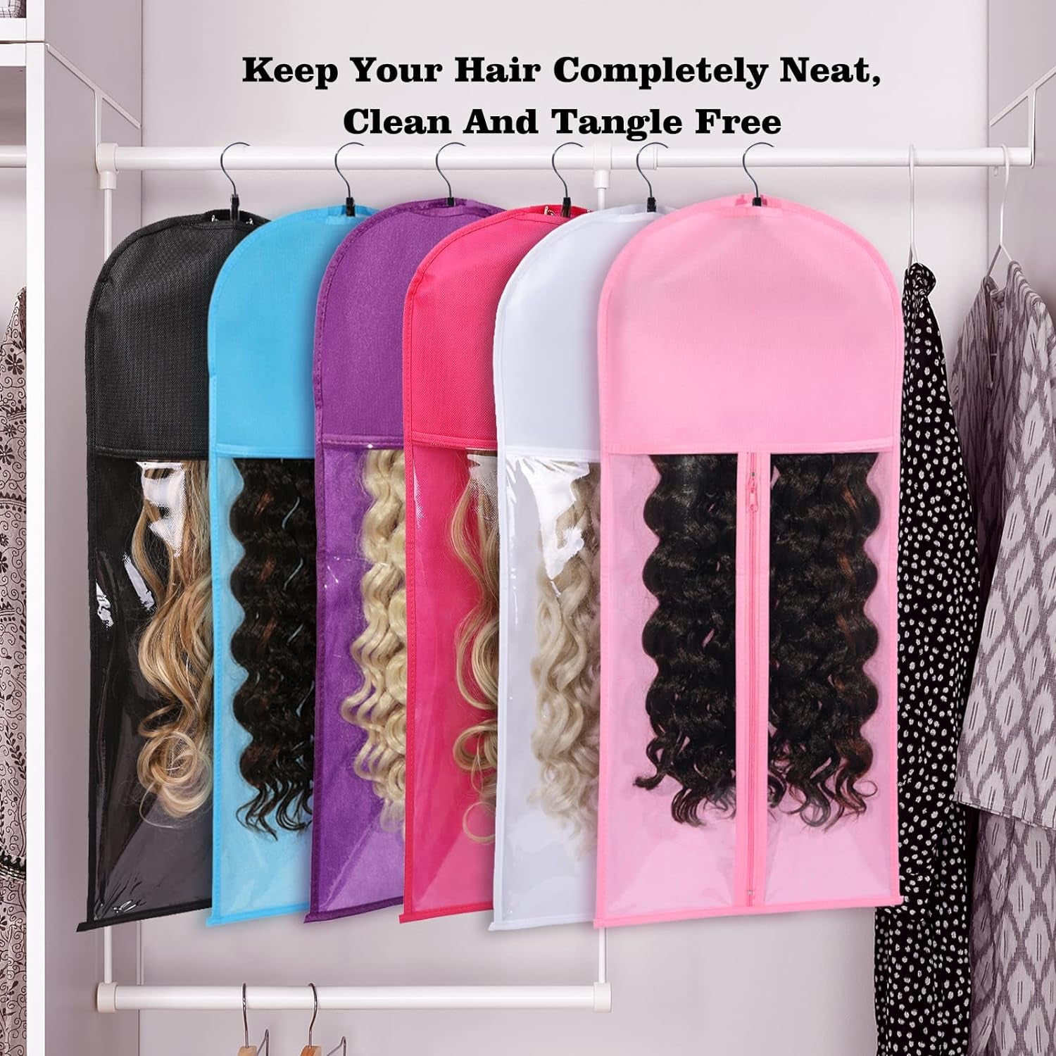 Wig Bags Storage with Hanger- 3PCS Hair Extensions Storage Bag Hair Hangers for Extensions Hairpieces Storage Holder (Black)