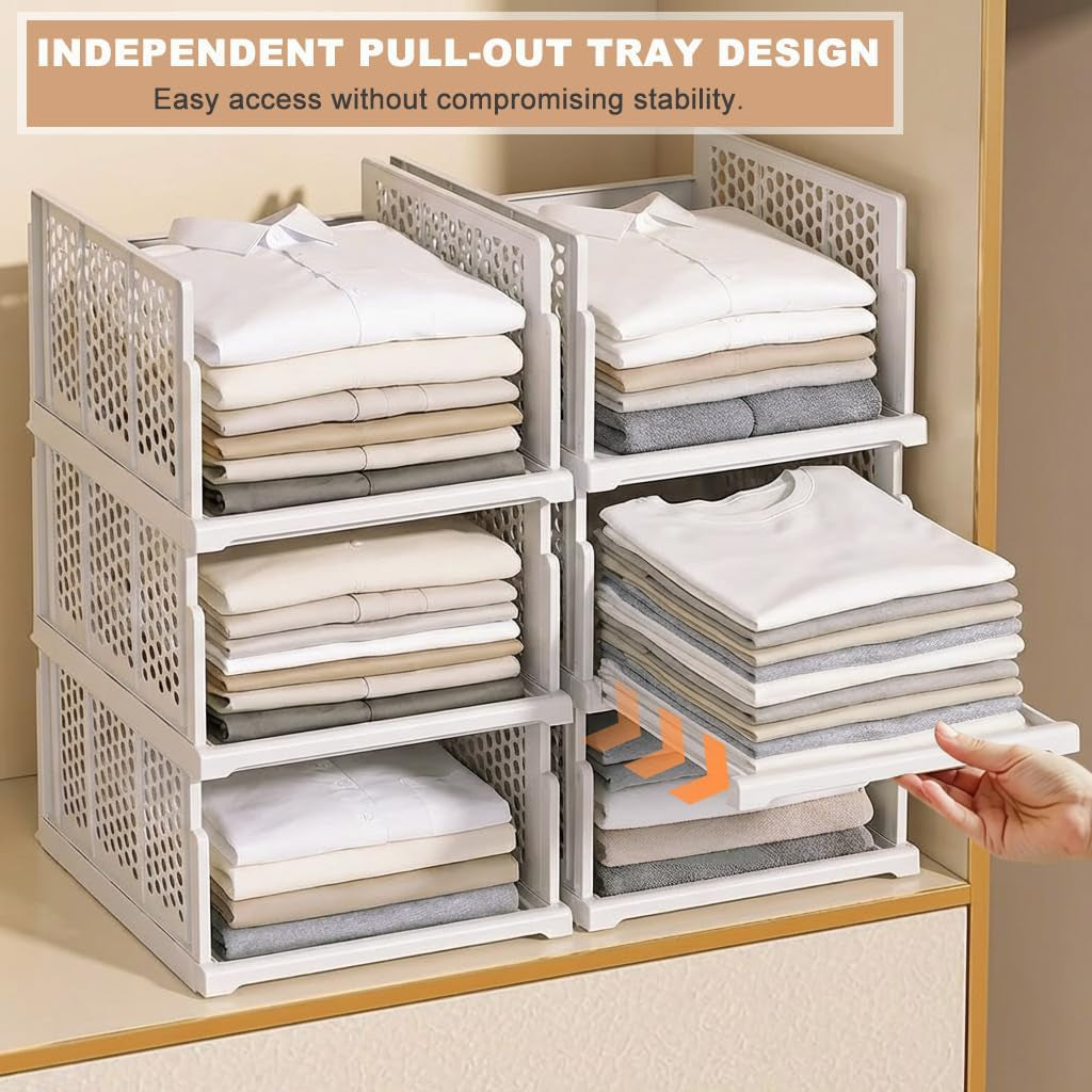 5Pack Upgraded Stackable Pull Out Closet Drawers | Reinforced Plastic, Smooth Sliding Stackable Pull-Out Access, anti Tipping Foldable Storage Containers for Bedroom & Office