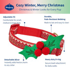 Christmas Dog Collar for Small Dogs, Festive Chevron Design with Detachable Holly Décor & Bow, Adjustable Neck 12"-16"
