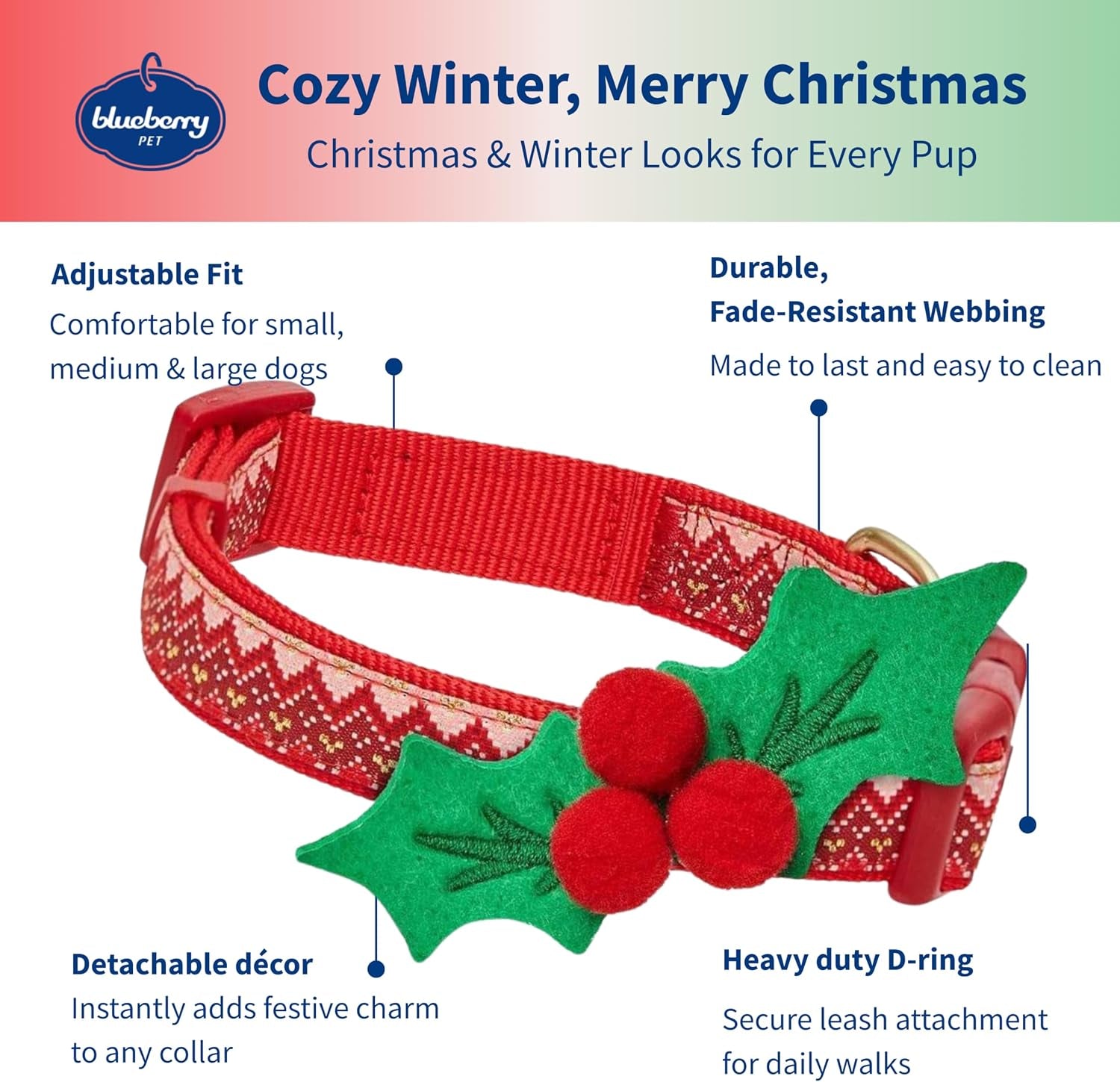 Christmas Dog Collar for Small Dogs, Festive Chevron Design with Detachable Holly Décor & Bow, Adjustable Neck 12"-16"