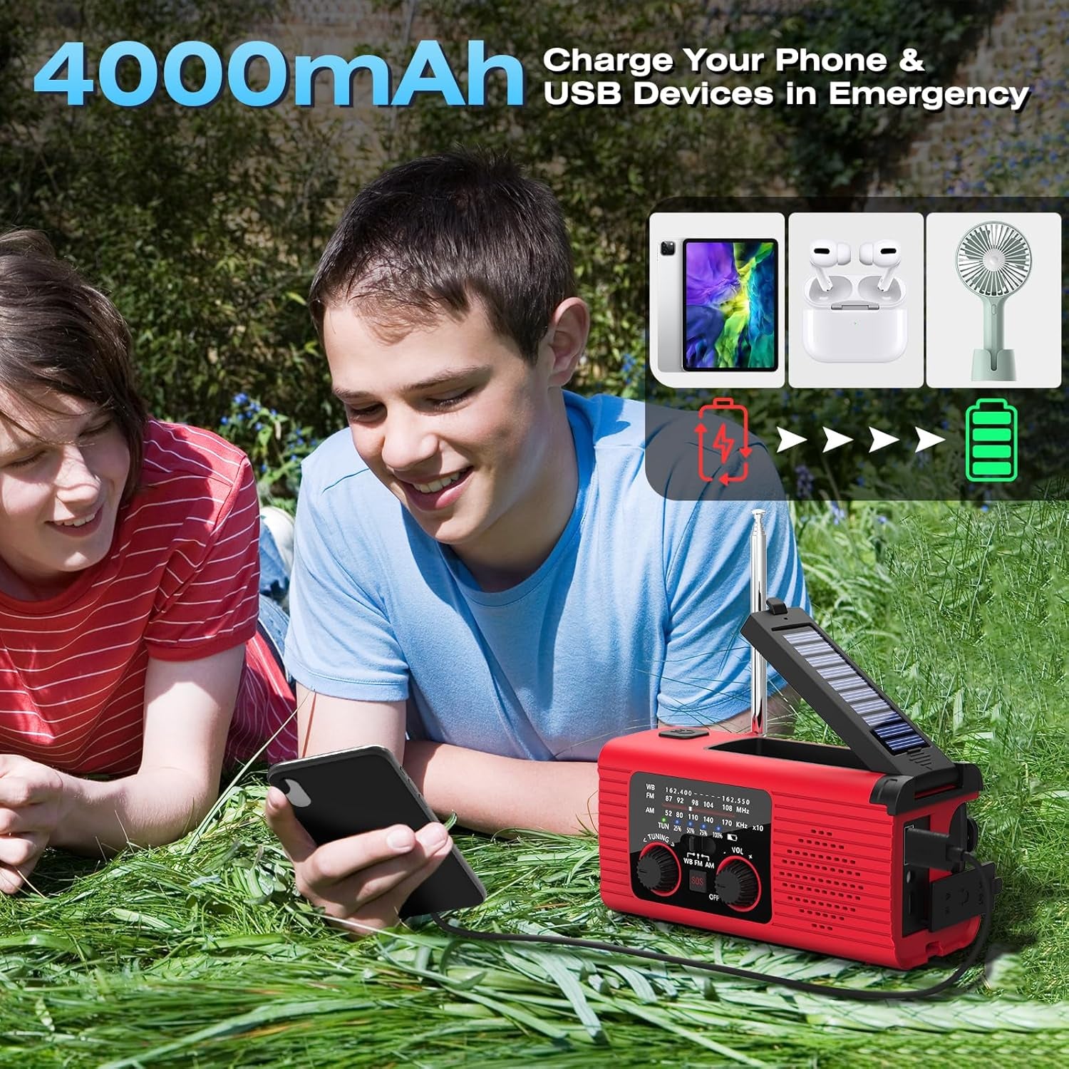 Emergency Weather Radio, 4000Mah NOAA Weather Radio Solar Charging | Hand Crank Radio & USB Charged, Radios Portable Am Fm with LED Flashlight, Reading Lamp, SOS Alarm for Emergency Situation