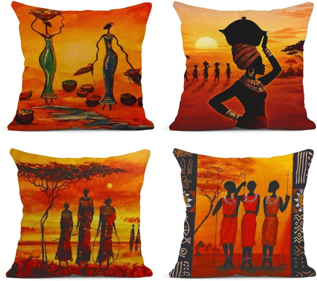 Linen Throw Pillow Covers Set of 4, 18 X 18 Inch, African Ethnic | Tribe Lady Lips, Outdoor Decorative Square Pillow Cases Couch Cushion Case for Couch Bed Sofa Living Room Home Decor