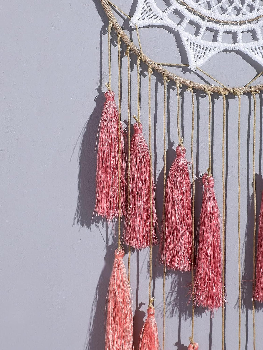 Macrame Dream Catcher Wall Hanging, Pink Large Boho Bedroom Decor | Handmade Tassel Feather Ornament, Natural Cotton, Modern Chic Living Room Nursery Art Decor, Blessing Gift for Women Girls