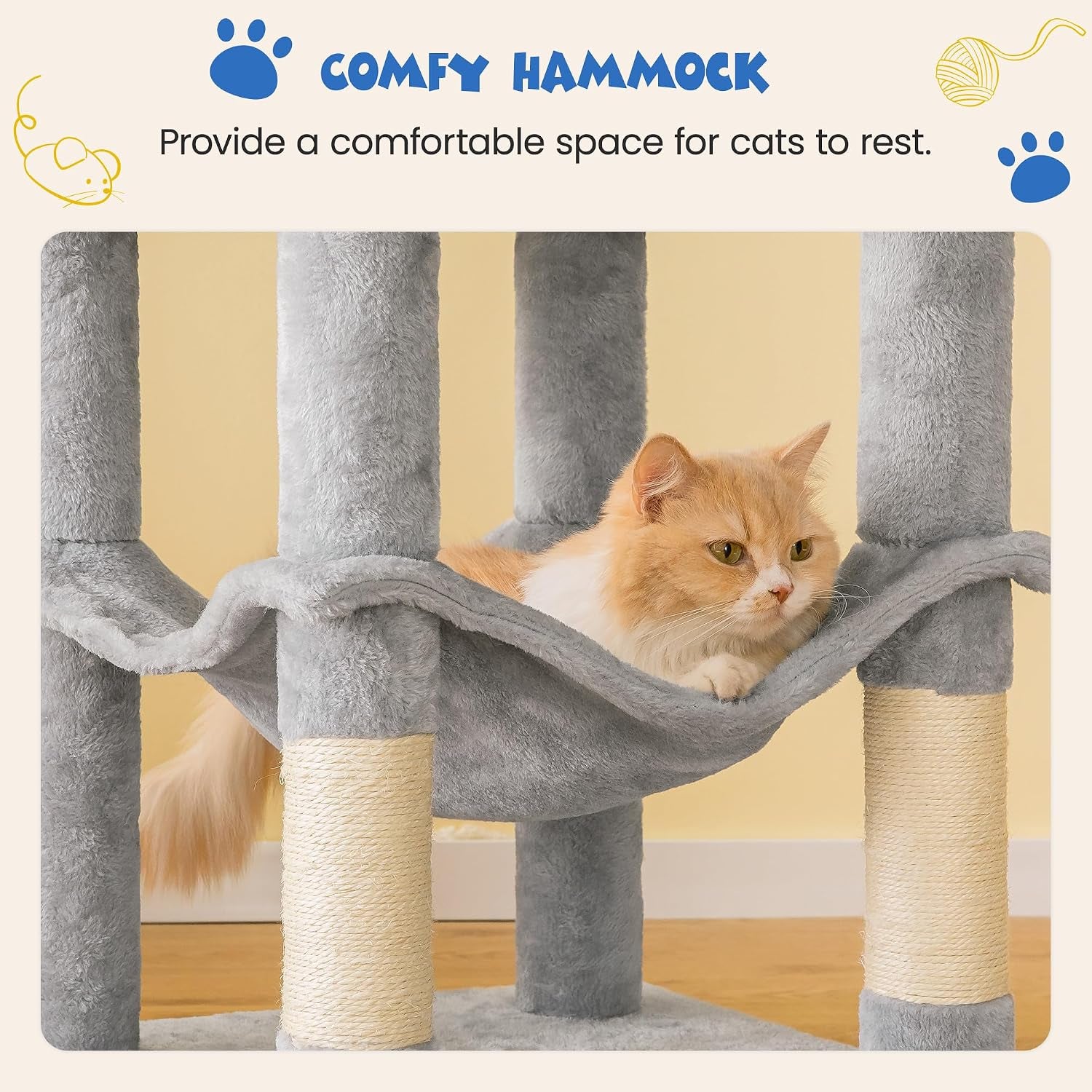 63.8 Inches Multi-Level Cat Tree for Large Cats with Sisal-Covered Scratching Posts, Padded Platform, Hammock and Condo,Stable Cat Tower Cat Condo Pet Play House-Light Gray