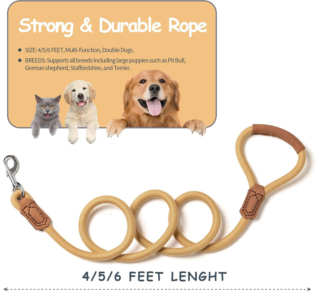Dog Leash with Genuine Leather Connection/Handle, 4/5/6 FT | Rope Leash, Heavy Duty 360° Swivel Metal Clasp, for Small Medium & Large Dogs