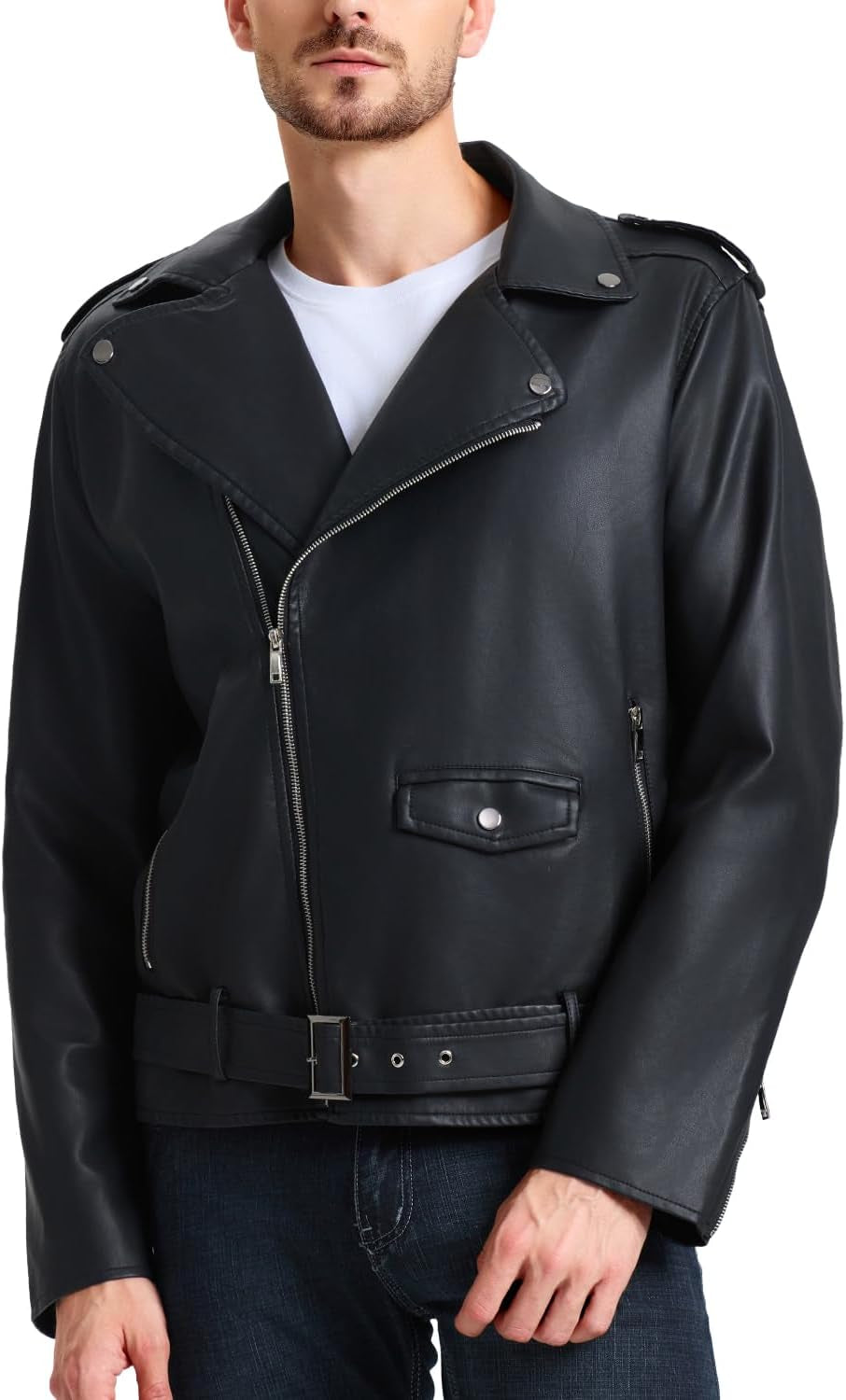 Men'S Leather Jackets, Faux Bomber Jacket for Men Motorcycle Lapel Asymmetric Zip-Up Slim Fit Biker Coat