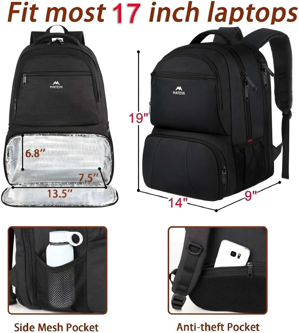 Lunch Backpack for Men, 17 Inch Work Backpack with Lunch Compartment | Laptop Compartment, Water Resistant, anti Theft, Insulated Cooler Backpack, Meal Prep Bag for College Travel Picnic, Black
