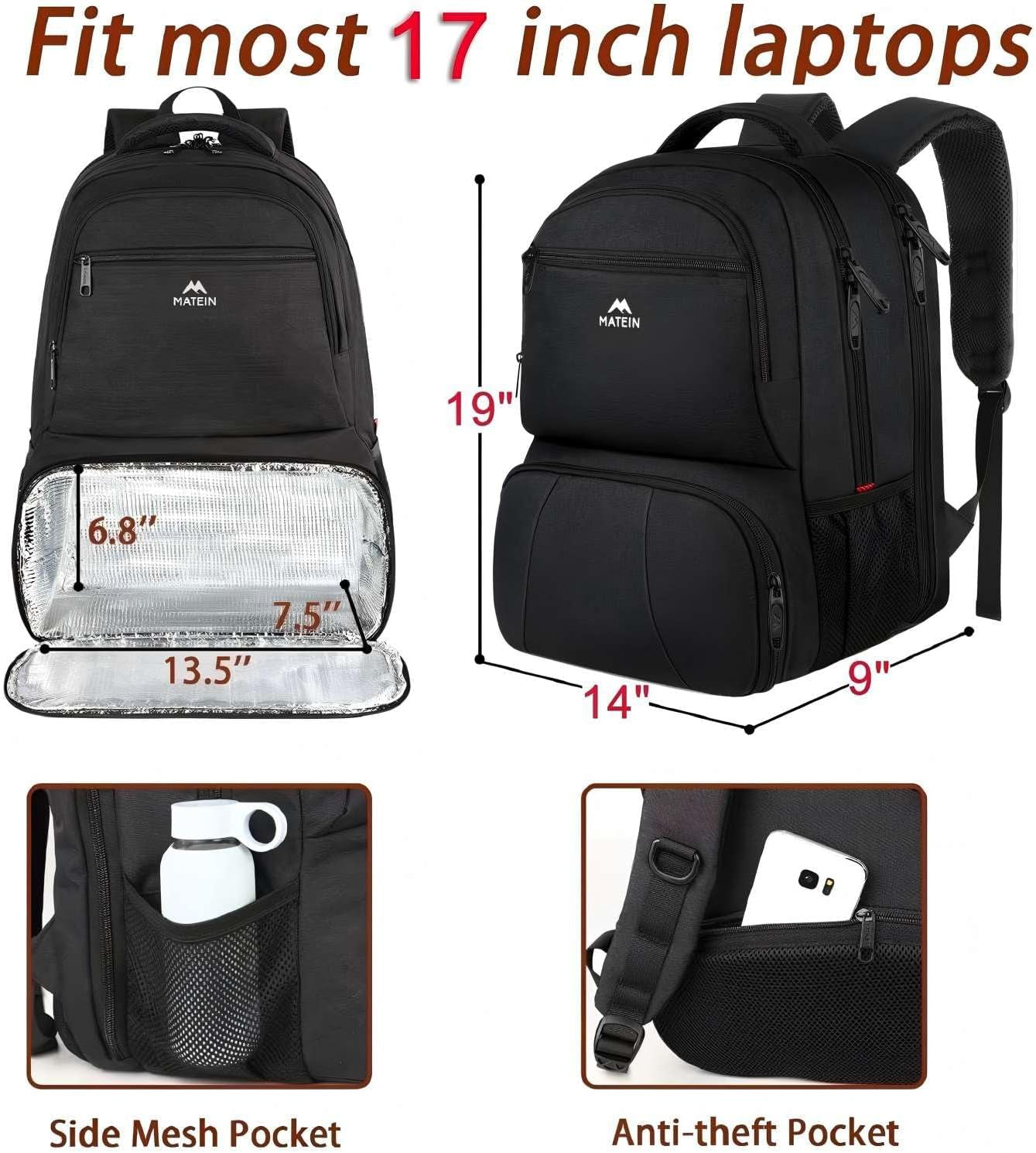 Lunch Backpack for Men, 17 Inch Work Backpack with Lunch Compartment | Laptop Compartment, Water Resistant, anti Theft, Insulated Cooler Backpack, Meal Prep Bag for College Travel Picnic, Black