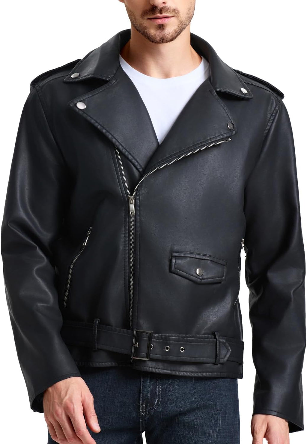 Men'S Leather Jackets, Faux Bomber Jacket for Men Motorcycle Lapel Asymmetric Zip-Up Slim Fit Biker Coat