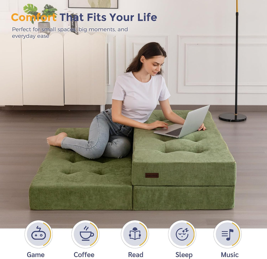 6" Folding Sofa Bed for Floor, Tufted Tri-Fold Floor Mattress with Chenille Fabric, Twin Size Portable Sofa Couch Guest Mat for Adults, Foldable Topper for Camping, Green, 35.4"X75"