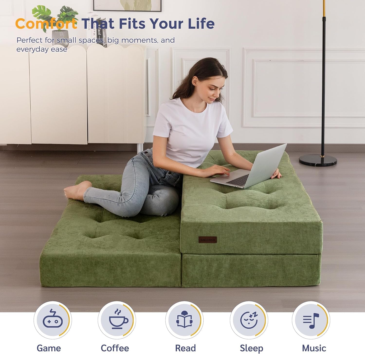 6" Folding Sofa Bed for Floor, Tufted Tri-Fold Floor Mattress with Chenille Fabric, Twin Size Portable Sofa Couch Guest Mat for Adults, Foldable Topper for Camping, Green, 35.4"X75"