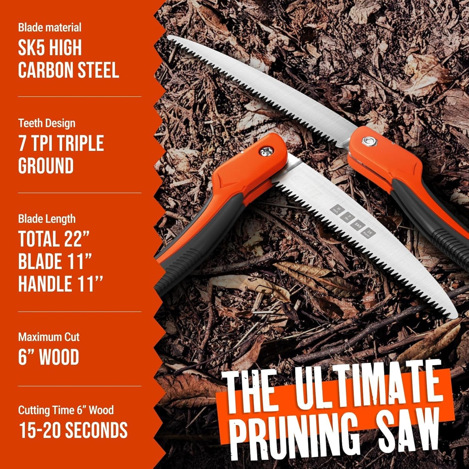 Folding Camping Saw 11 Inch - Heavy Duty Pruning Saw with Triple-Cut SK5 Blade, 7 TPI Razor Teeth for Tree Trimming, Wood Cutting, Camping, Bushcraft, and Gardening