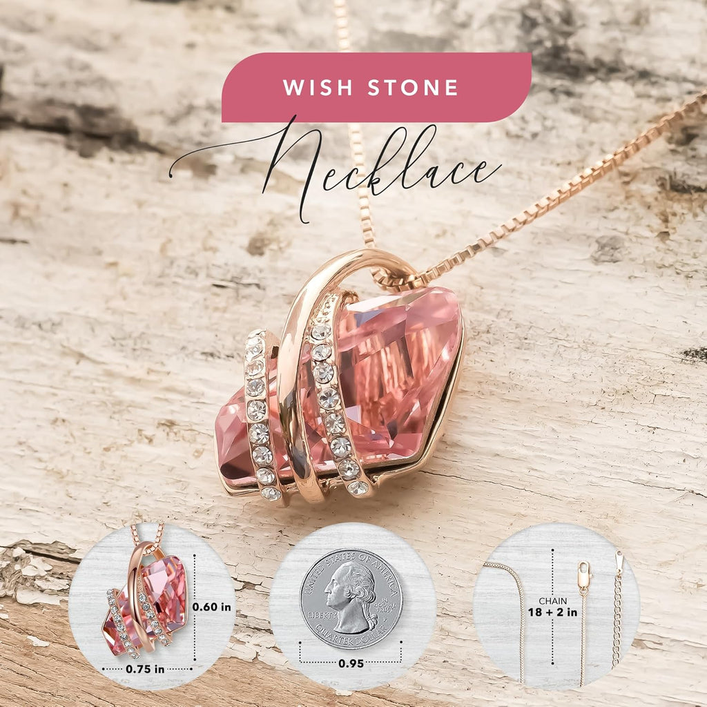 Wish Stone Pendant Necklace with Birthstone Crystal, 18K Rose Gold Plated/Silvertone, 18" + 2"