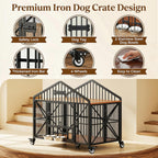 41.5" Foldable Dog Crate Furniture with 5 Wheels & Rotating Bowls | No Assembly. Foldable Frame. 5-Wheel Base. 2 Rotating Bowls. for Small/Medium Dogs. 41.5"L X 24.8"W X 35.1"H. Rustic Brown.