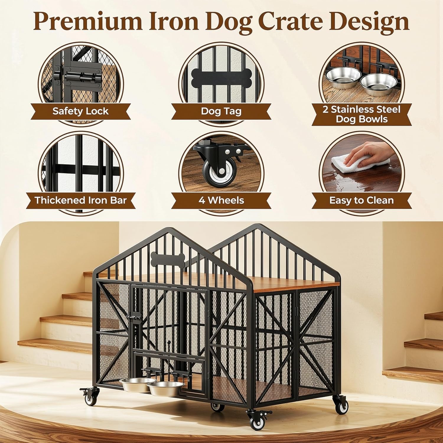 41.5" Foldable Dog Crate Furniture with 5 Wheels & Rotating Bowls | No Assembly. Foldable Frame. 5-Wheel Base. 2 Rotating Bowls. for Small/Medium Dogs. 41.5"L X 24.8"W X 35.1"H. Rustic Brown.