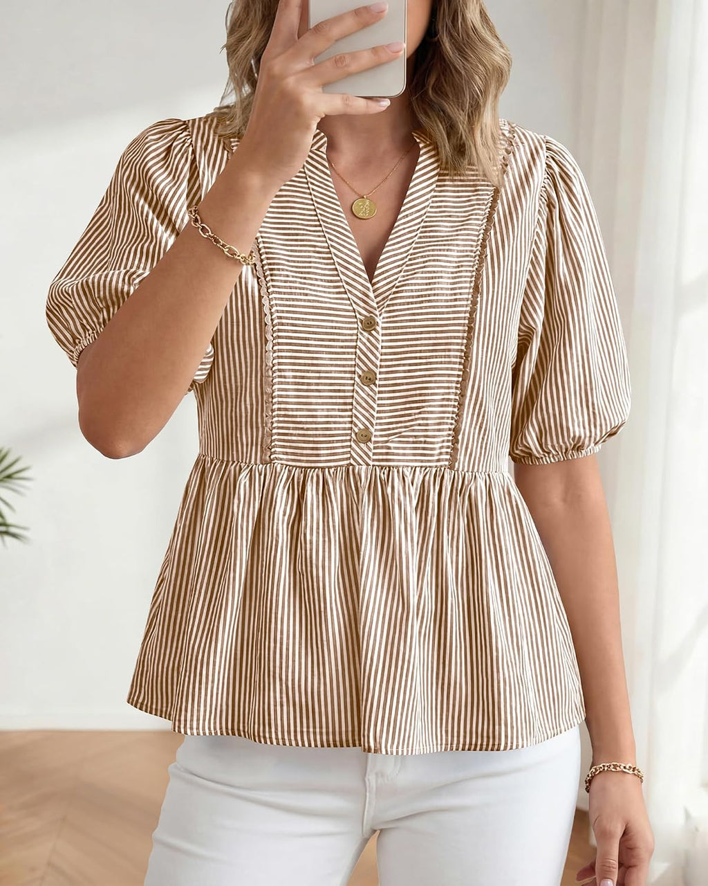 Women Lantern Sleeve Button up Stripes Babydoll Tops | Summer V Neck Lace Trim Peplum Shirts,Fall Fashion Striped Loose Tunic Top,Spring Business Casual Beach Vacation Clothes