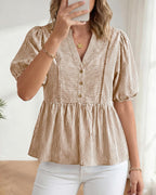 Women Lantern Sleeve Button up Stripes Babydoll Tops | Summer V Neck Lace Trim Peplum Shirts,Fall Fashion Striped Loose Tunic Top,Spring Business Casual Beach Vacation Clothes