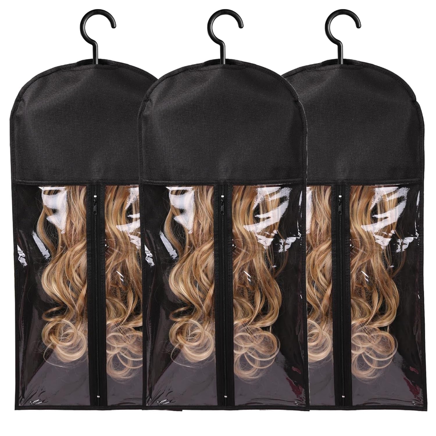 3PCS Wig Hanger Hair Extension Holder Wig Storage for Multiple Wigs Bags Storage with Hanger Wig Holder Dust-Proof Hair Extension Storage with Hook Hair Extensions, Wigs & Accessories (Black)