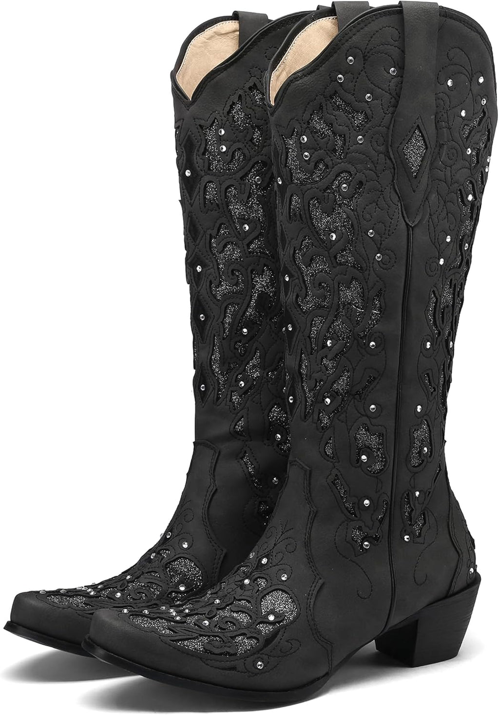 Black Cowgirl Boots for Women Cowboy Boots Western Boots Chunky Heel Pointed Toe Pull on Rhinestones Knee High Boots