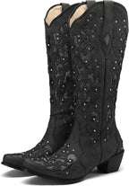 Black Cowgirl Boots for Women Cowboy Boots Western Boots Chunky Heel Pointed Toe Pull on Rhinestones Knee High Boots