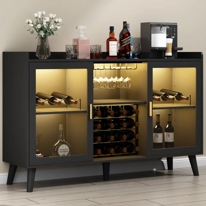 Ermo Wine Bar Cabinet with Led Light, Home Coffee Cabinet with Wine and Glass Rack