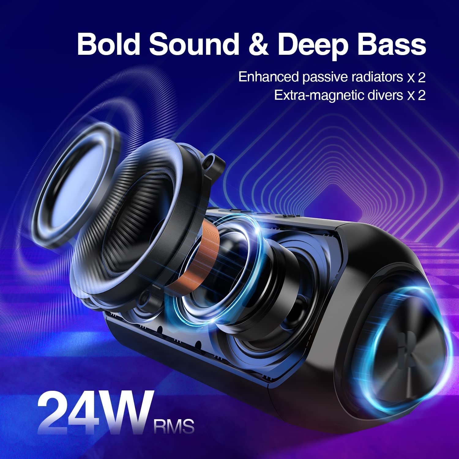 Bluetooth Speakers, [Blod Bass & Dynamic Lights] Portable Wireless Speaker with 24W Stereo Sound, TWS Mode, 24Hrs Playtime, IPX6 Waterproof Blue Tooth Speaker