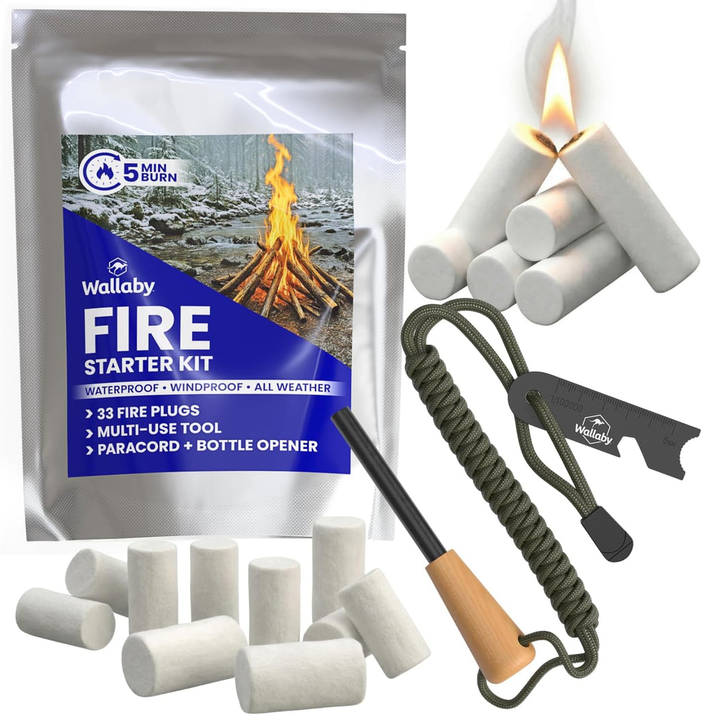 Fire Starter Kit - 33 Waterproof Plugs in Metal Tin + Flint Rod Striker Multi-Tool, Pocket Survival Guide, Airtight Mylar Storage Bag – Camping, Emergency, Grill, Fire Pit